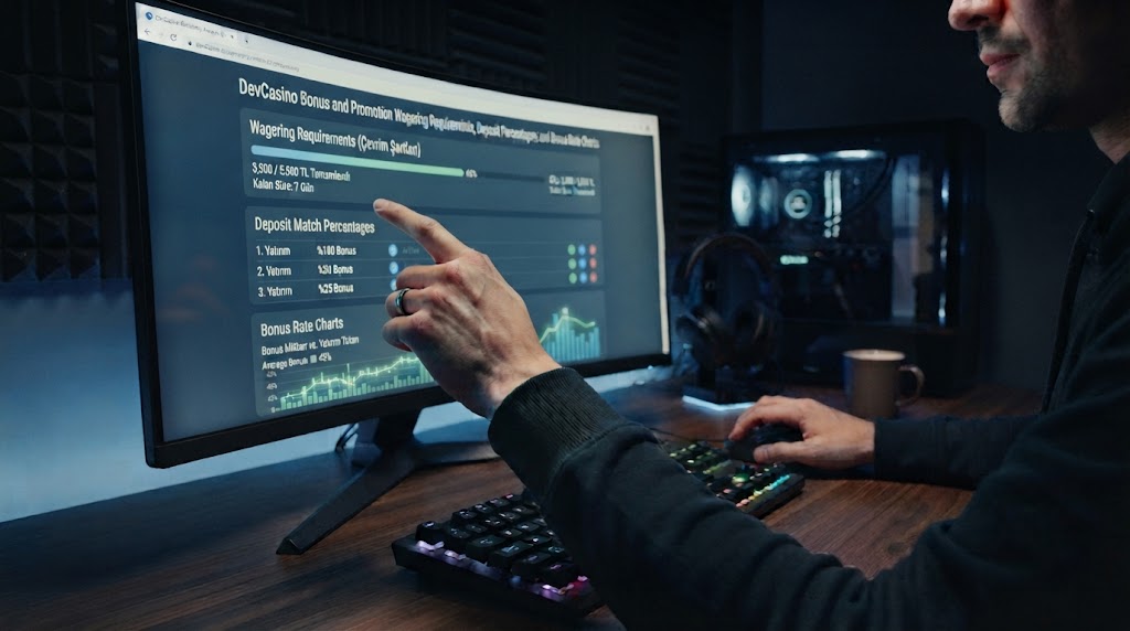 devcasino bonus ve promosyon çevrim detaylarını bilgisayar ekranından inceleyen oyuncunun elleri.
