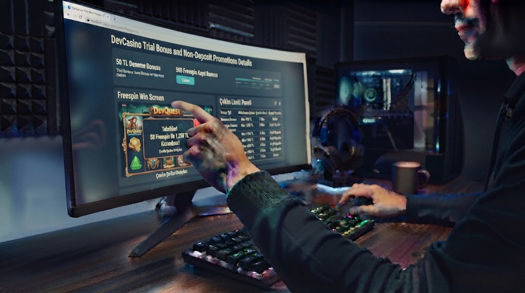 devcasino deneme bonusu ve yatırımsız promosyonlar detaylarını bilgisayar ekranından inceleyen oyuncunun elleri.
