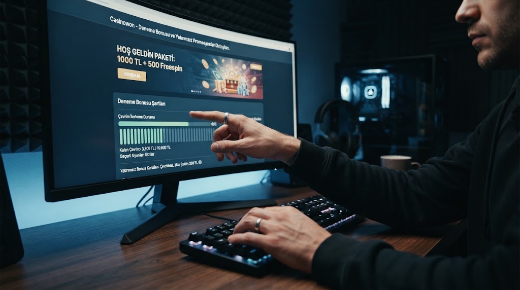 online casino deneme bonusu ve yatirimsiz promosyonlar detaylarını bilgisayar ekranından inceleyen oyuncunun elleri.