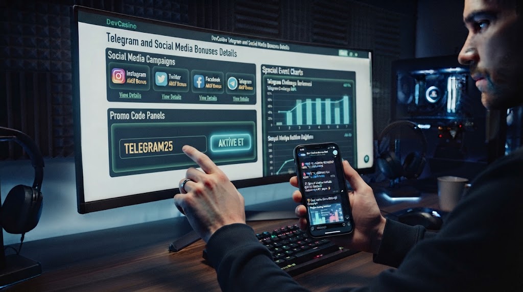 devcasino telegram ve sosyal medya bonusları detaylarını akıllı telefon ekranından inceleyen oyuncunun elleri.